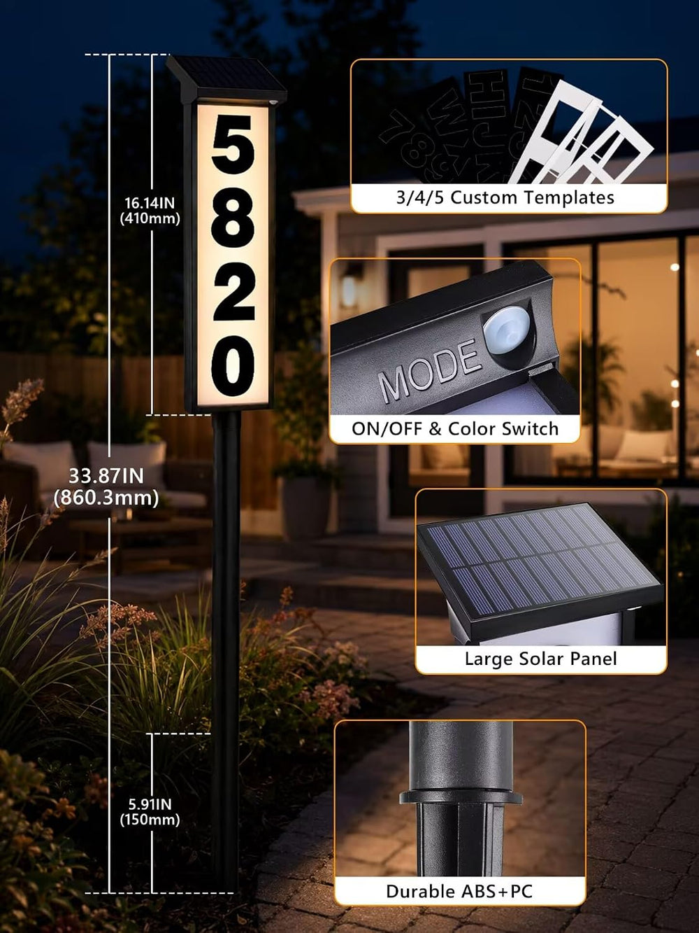 Brizled Solar Address Sign, 3 Color LED Lighted House Number Light Outside