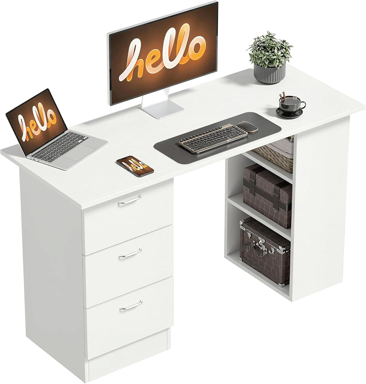 HOMCOM Computer Desk with Drawers, 47" Home Office Desk with Storage, White