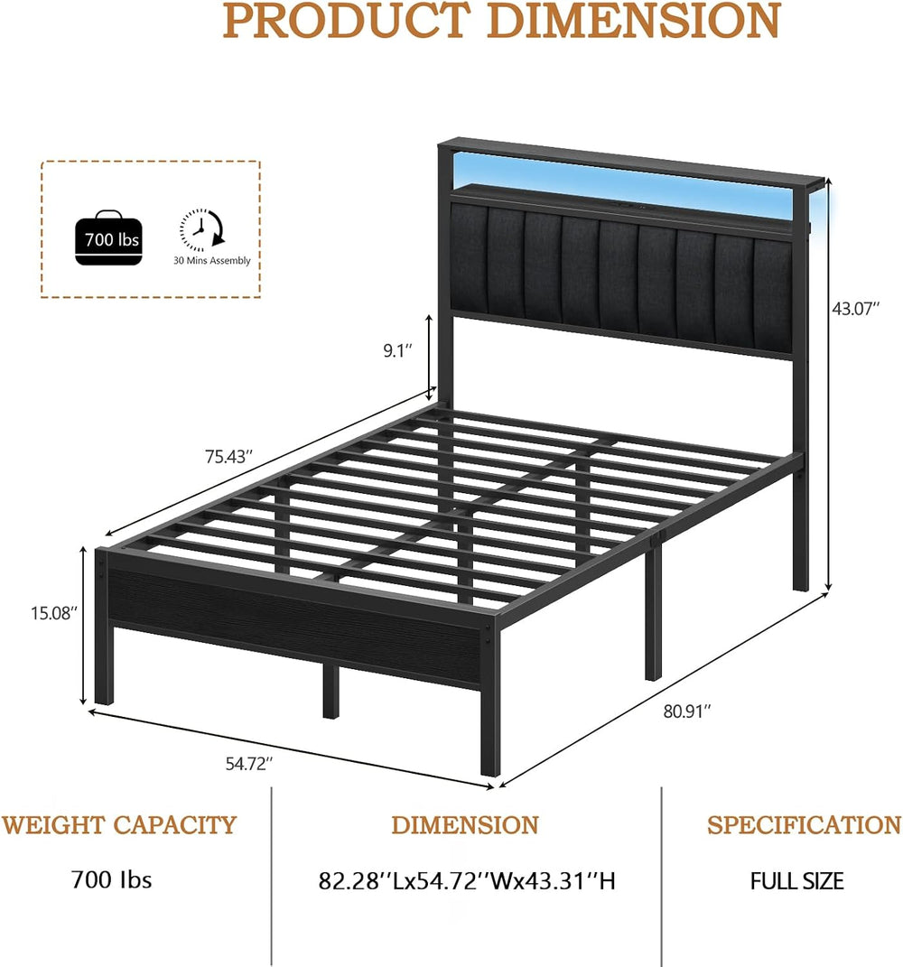 Furnulem Full Size Bed Frame with Charging Station and LED Lights
