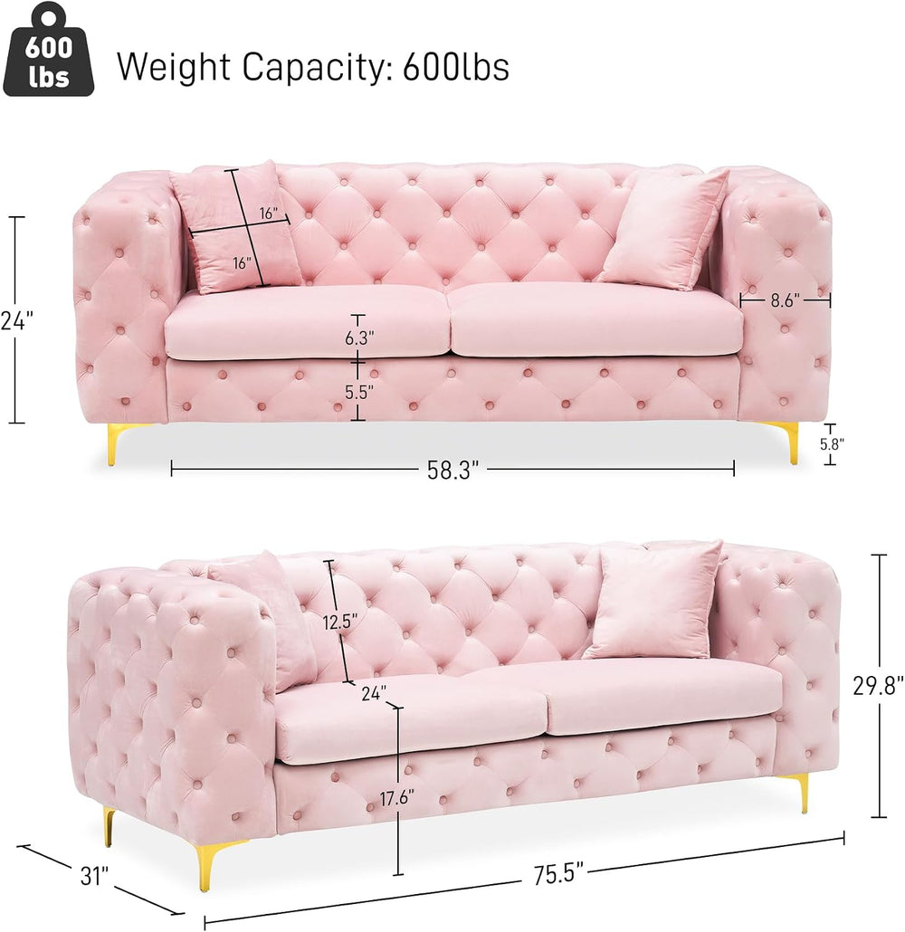 2-Piece 75" Mid Century Velvet Sofa Set, Tufted Back, Gold Metal Legs