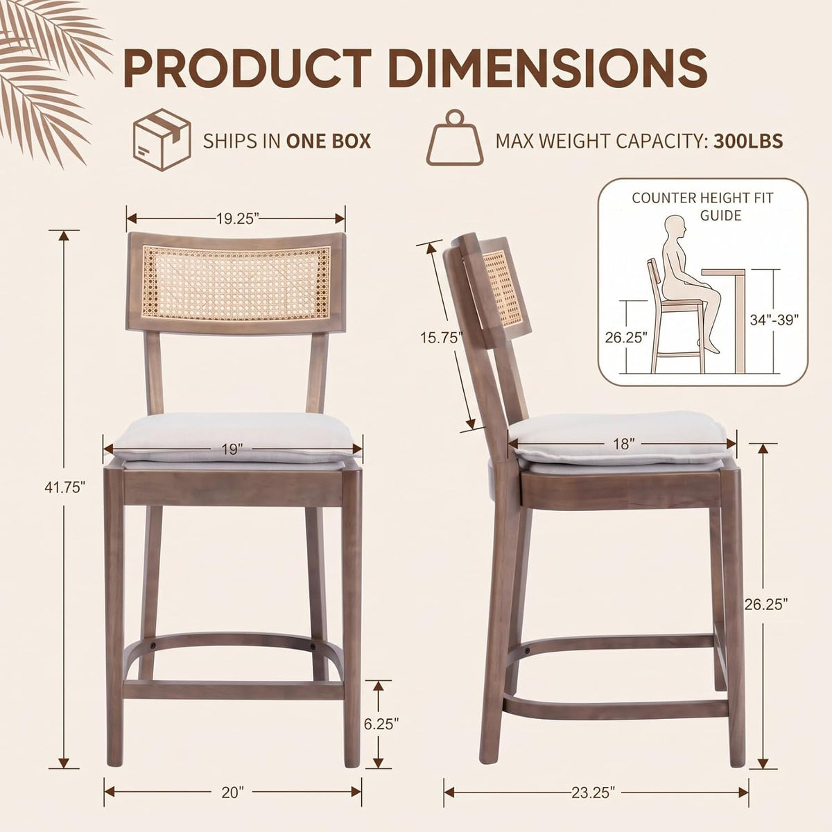 Rattan Counter Height Bar Stools Set of 2, 26" Wooden Bar Stools