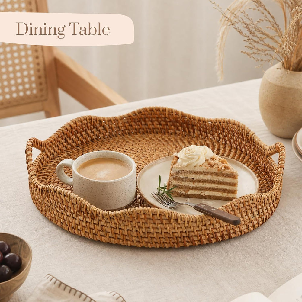 YANGQIHOME Round Scalloped Rattan Tray, Handwoven Decorative Tray