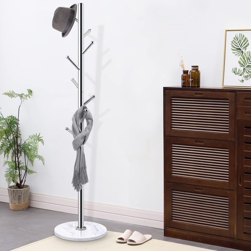 Homde Metal Coat Rack Stand: Natural Marble Base with 8 Hooks (Silver)