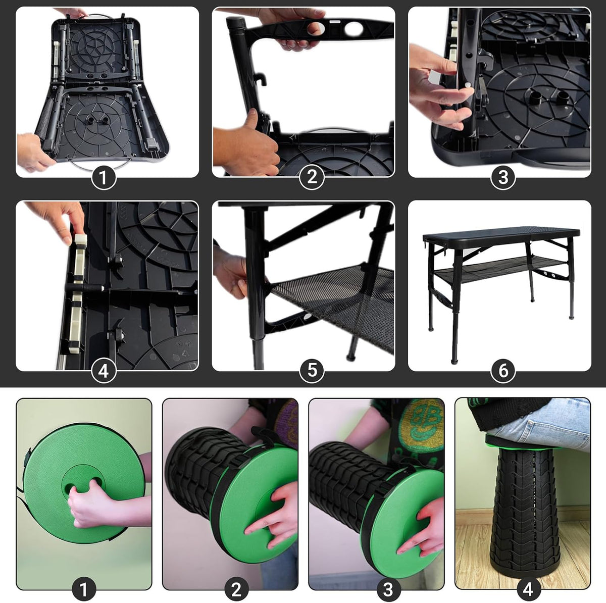 small folding table and stool, portable, adjustable height, package contents