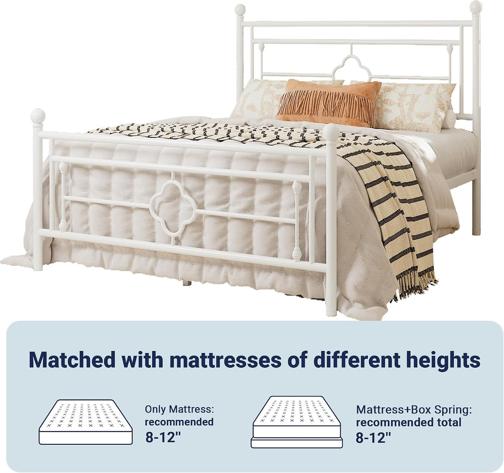Allewie Full Size Metal Platform Bed Frame, Victorian Headboard, White