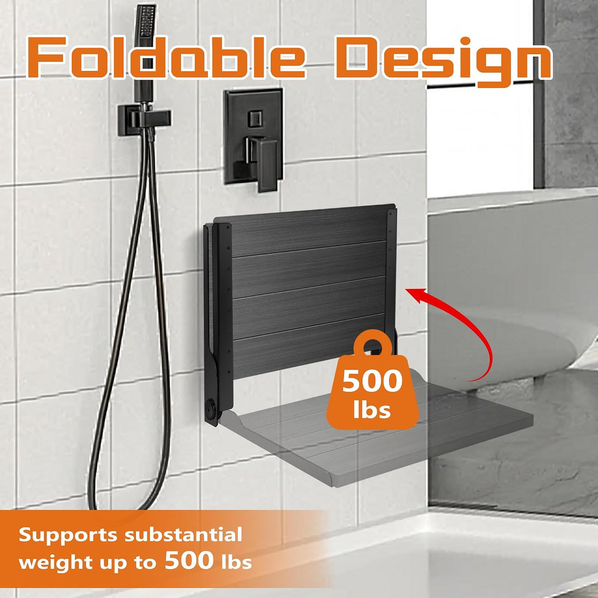 Teak Shower Bench, Folding Shower Chair Wall Mounted, Wood Folding Shower Seat, Teak Shower Bench for Inside Shower, 20 Inch Wide, 500 lbs Capacity (All Black, 20'' W x 16'' D x 20'' H)