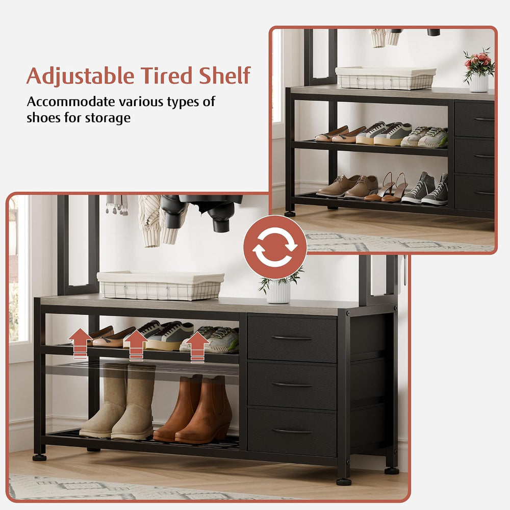 Hall Tree with Bench and Hooks, 39.4" Shoe and Coat Rack Entryway Organizer
