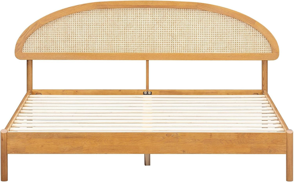 NTC Gem Wooden Bed Frame with Headboard and Natural Rattan, Solid Oak/Rubber Wood Foundation with Silent Slats, 1000 Lb Capacity, Effortless Assembly (Natural Cane - Rustic Oak, King)