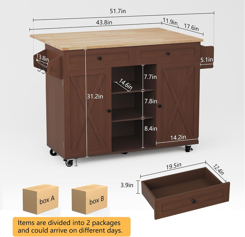 HLR Farmhouse Kitchen Island On Wheels, Brown