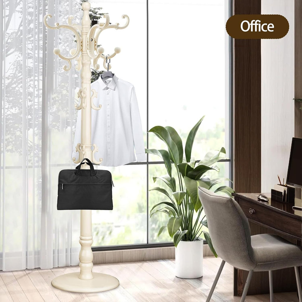 Coat Rack Freestanding, Wooden Coat Tree with Stable Round Base, Vintage Heav...