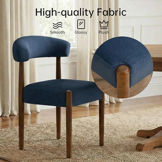 VKNOW Wooden Dining Chairs Set of 4, Modern Upholstered Dining Room Chairs with Walnut Wood Legs and Curved Backrest, Fabric Kitchen Chairs for Farmhouse/Dining Room, Blue