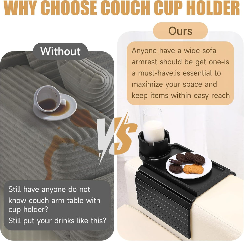 SINWANT Couch Armrest Table,Bamboo Folding Couch Cup Holder Tray,Black