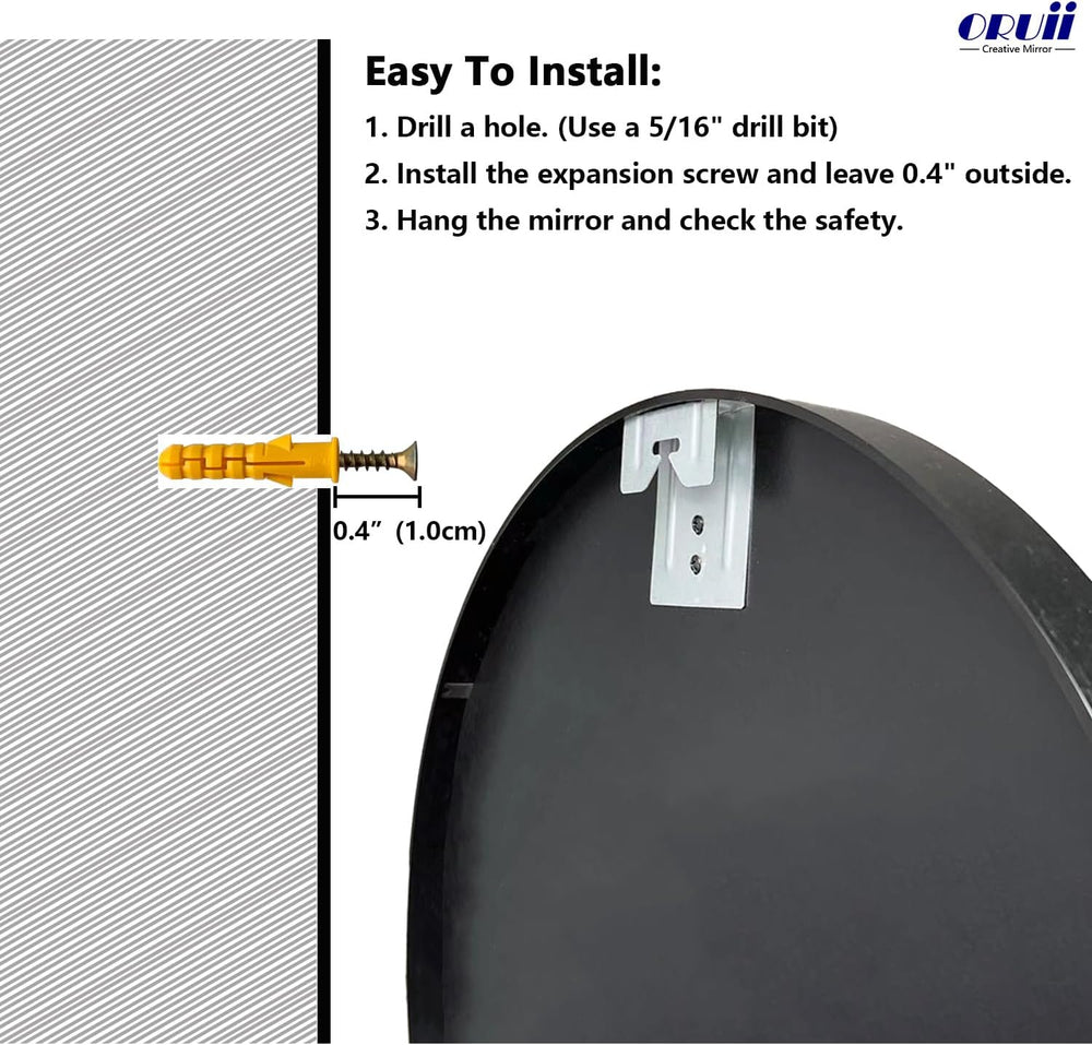 Oruii Round Mirror, 26 inch Black Circle Mirror, Matte Black Metal Frame