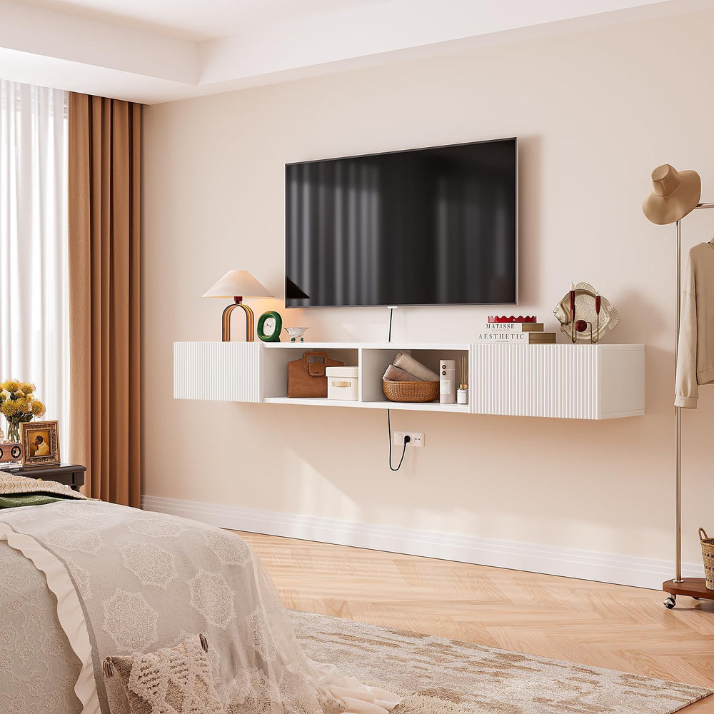 Plywood Floating TV Stand with Fluted Doors,White,55 inch