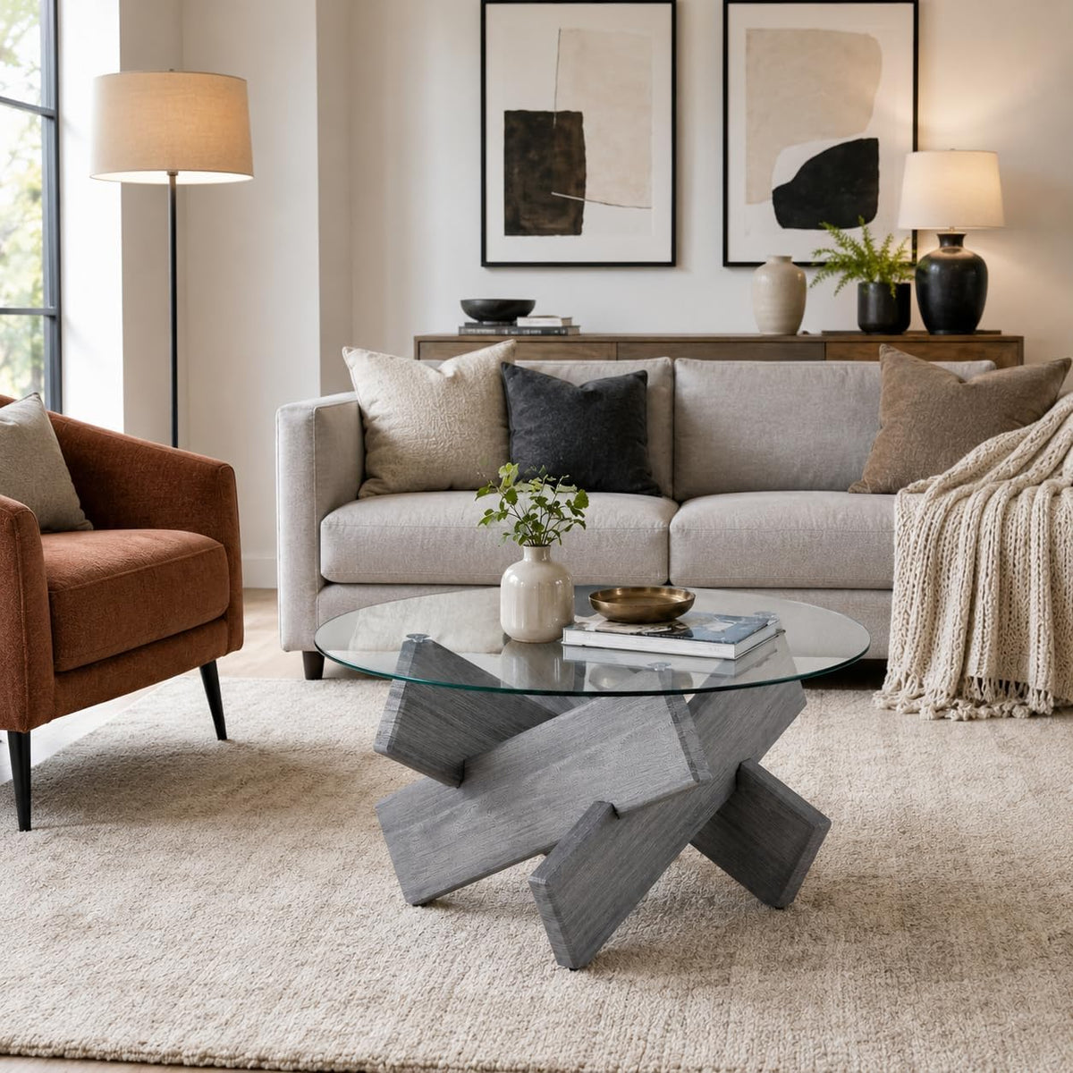 Round Glass Top Coffee Tables, 33.4 Inch Gray Coffee Table with Crossed Legs, Modern Mid Century Round Coffee Tables for Living Room, Circle Glass Coffee Tables for Living Room