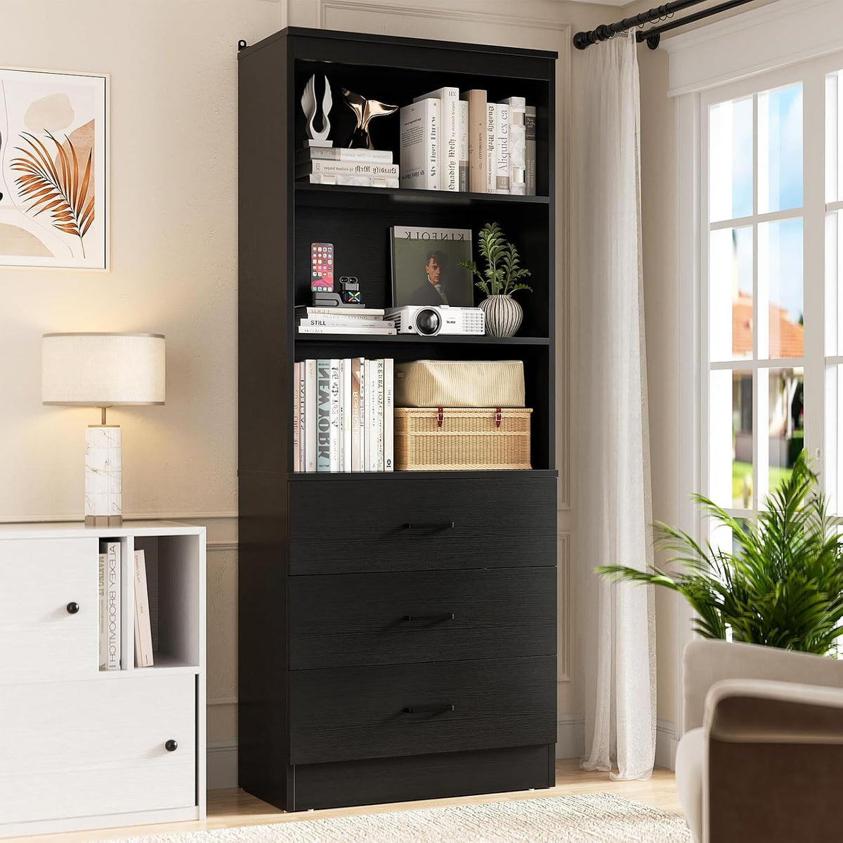 aheaplus 71-inch tall bookshelf with 3 drawers, 23.6" showing dimensions