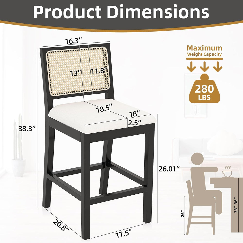 Rattan Bar Stools Set of 4, 26" Counter Height, Durable Black Wood Frame
