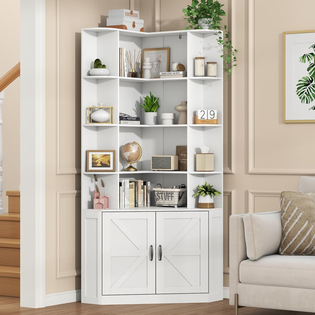 Corner Bookshelf with Doors, 6 Tier Corner Bookcase with Storage Cabinet