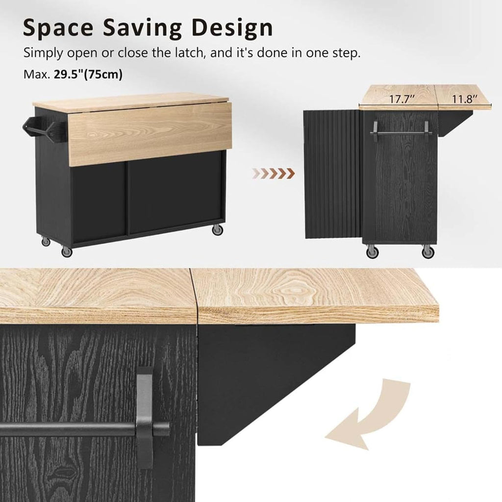 Moveable Kitchen Island with Drop Leaf with Storage and Dining Table, Kitchen Island with Wheels with Wheels Towel Rack， for Kitchen, Dining Room, Black