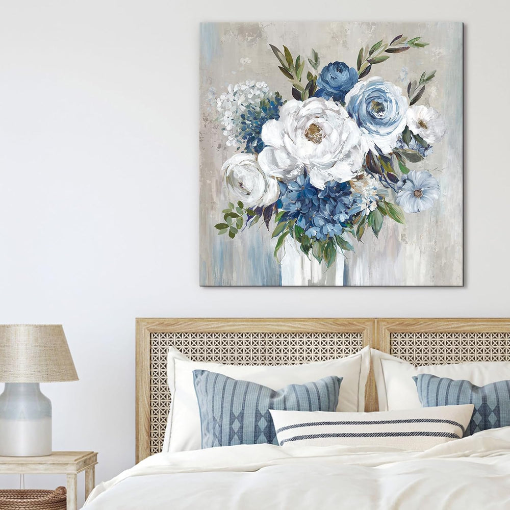 Goldfoilart Blue Flower Wall Art for Living Room White Floral Canvas Pictures...