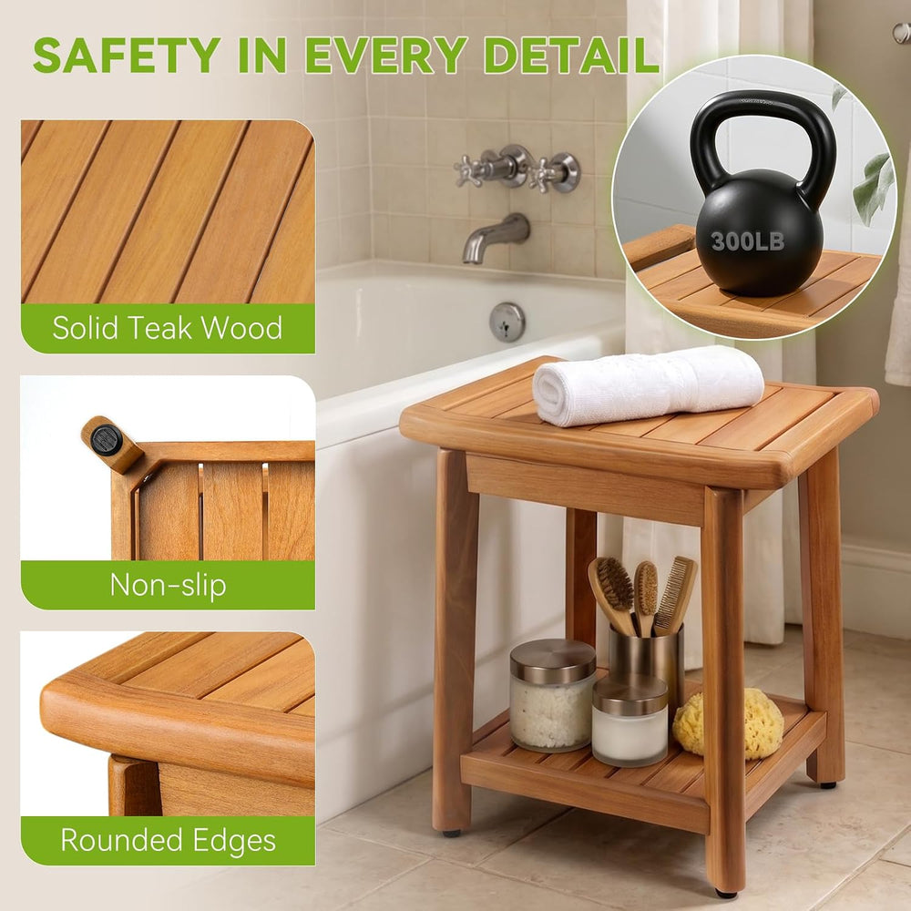 Teak Shower Bench for Inside Shower, Waterproof Wooden Shower Stool