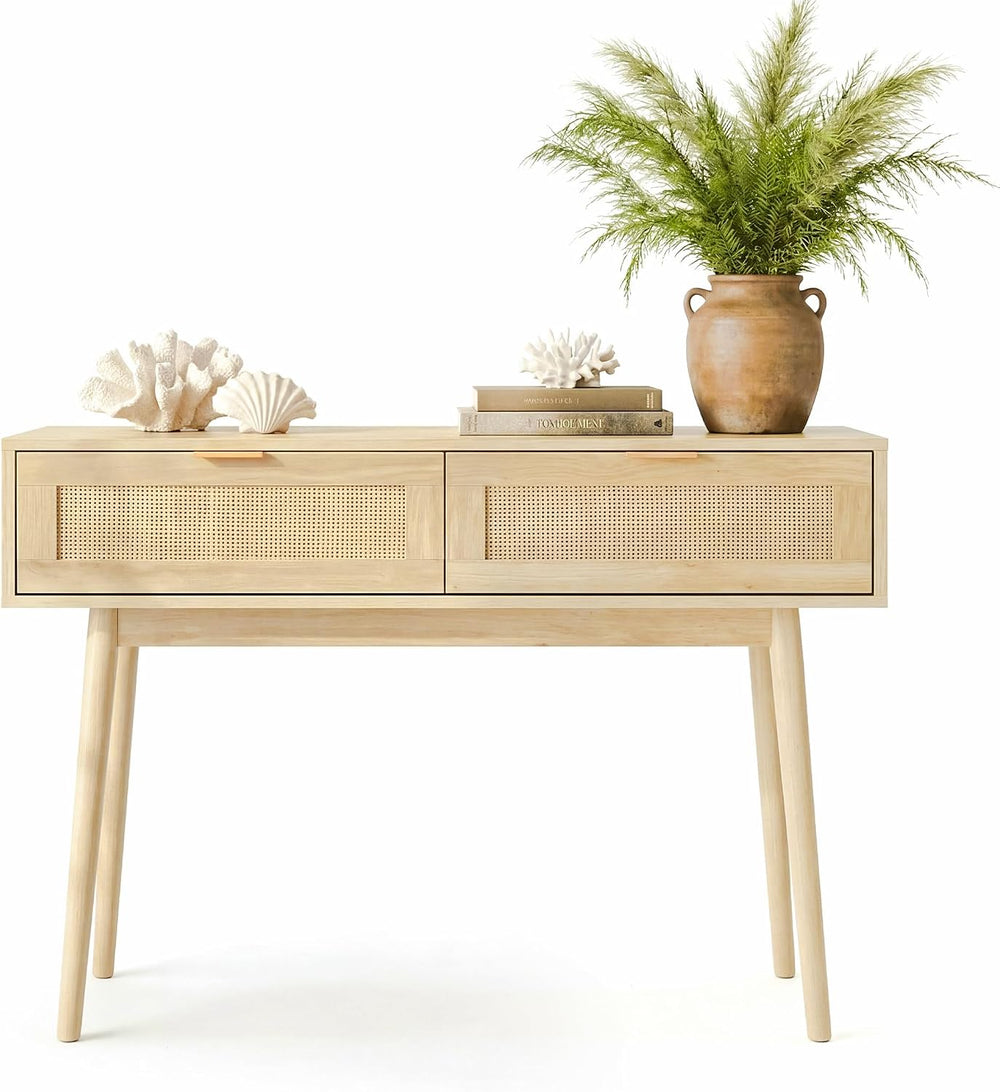 HOPUBUY Console Table Rattan Desk with Drawers, Narrow Sofa