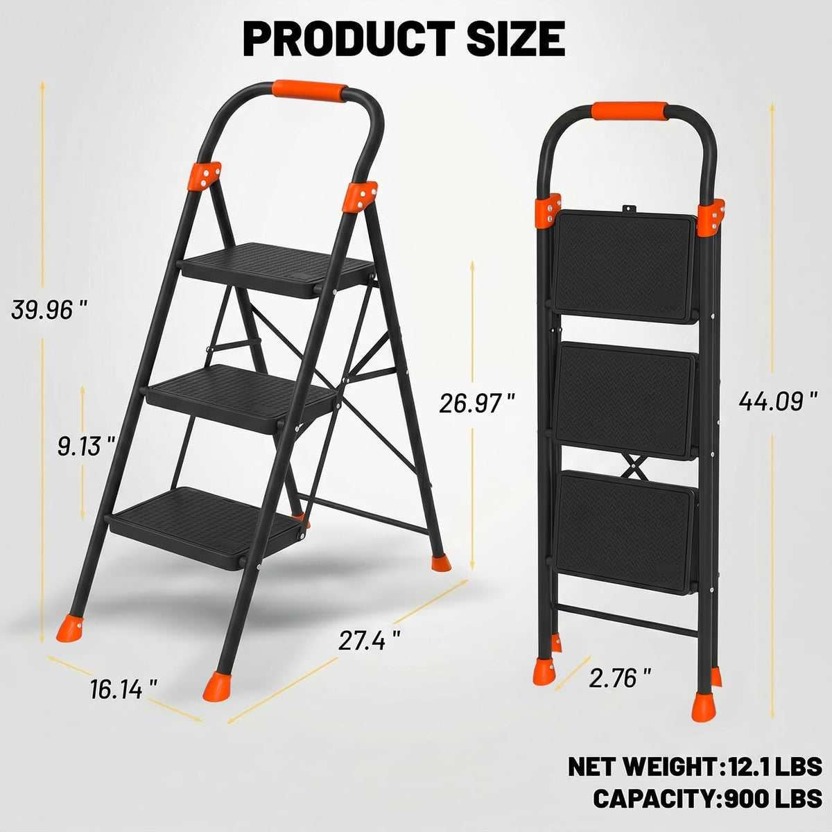 3 Step Ladder, 900 lbs Capacity Heavy Duty Step Stool with Safety Lock, Black Sturdy Step Ladder with Wide Anti-Slip Pedal, Folding Step Stool with Orange Cushioned Handle for Kitchen, Home & Garage