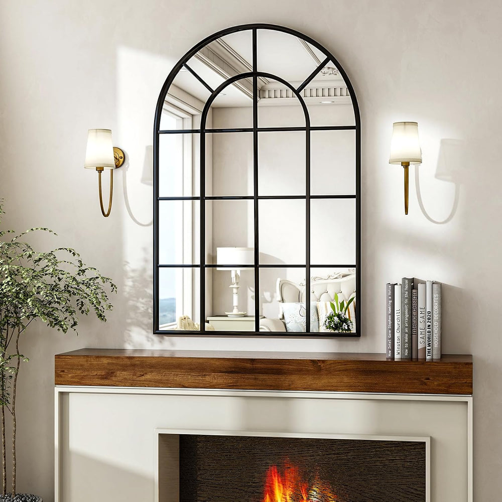 24"×36" Windowpane Arched Wall Mirror with Metal Frame, Black