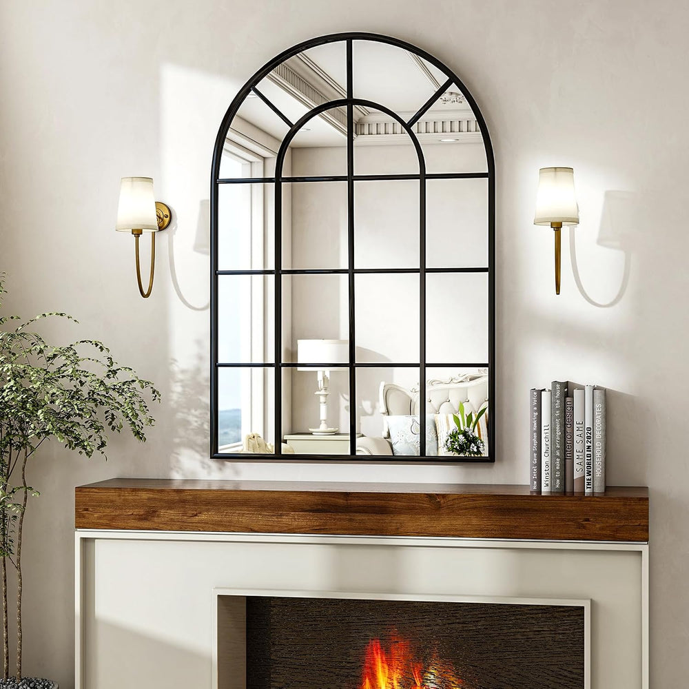 30"x 40" Windowpane Arched Wall Mirror with Metal Frame, Black