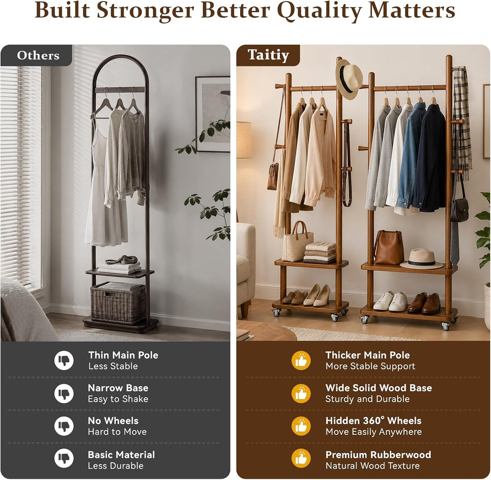 Taitiy Small Clothes Rack Solid Wood Coat Rack Freestanding with Wheels
