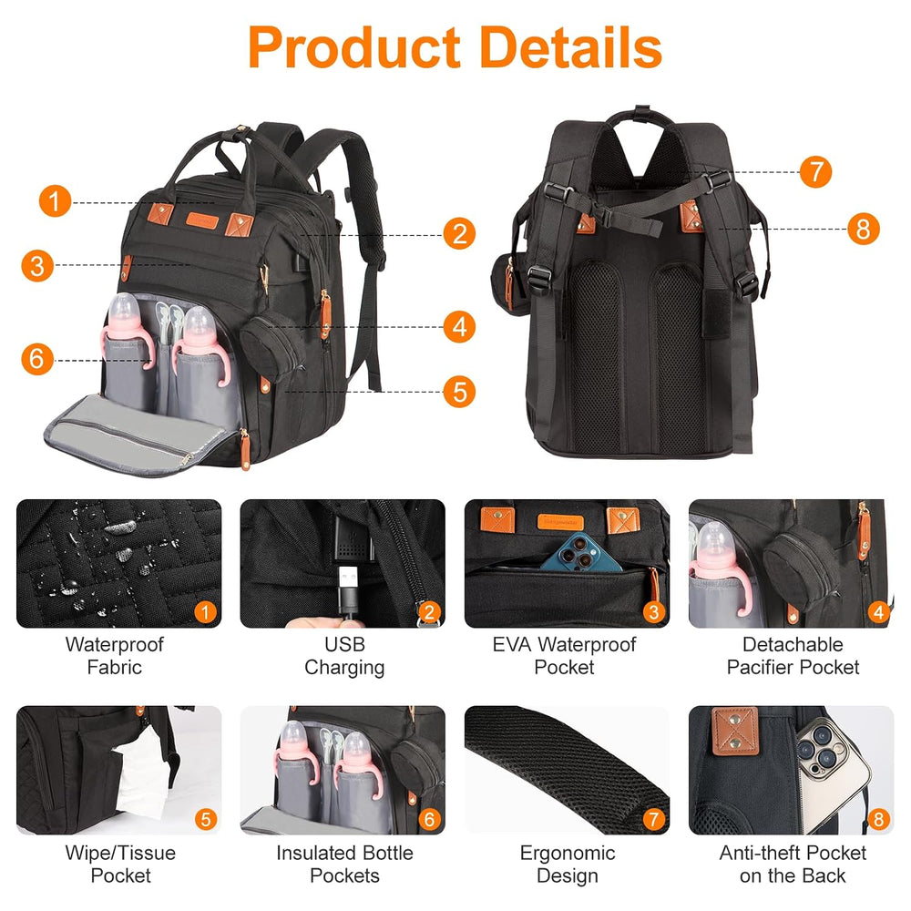 Diaper Bag Backpack with Changing Station, Black
