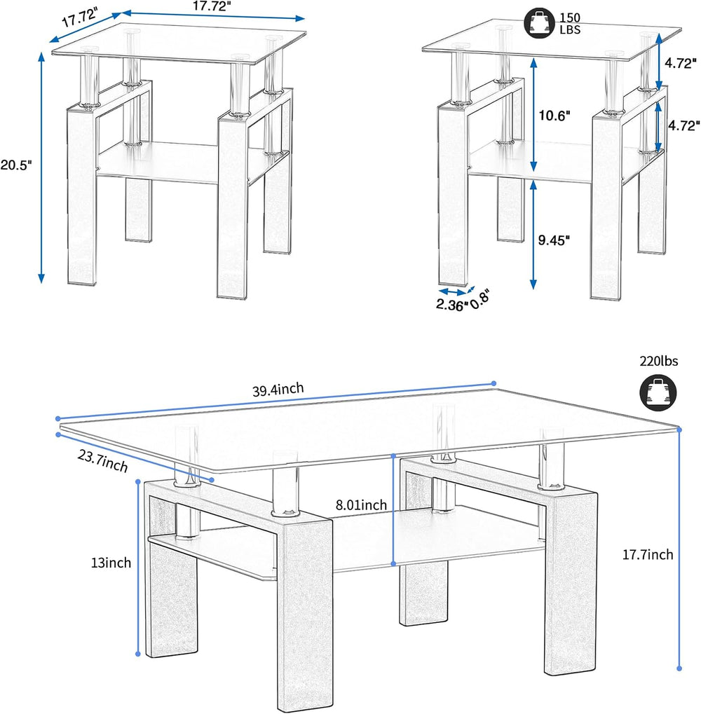 3 Piece Living Room Table Set, Glass Coffee Table and End Table Set of 3, Cof...