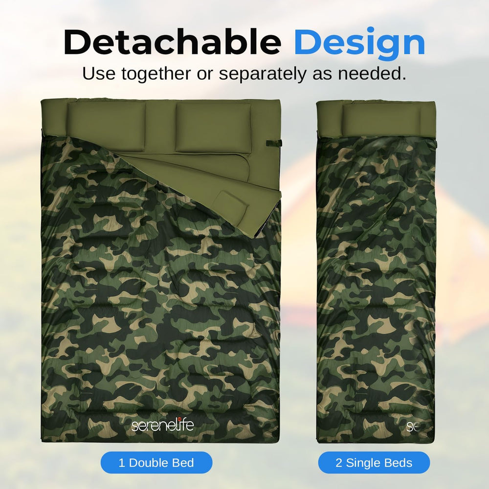 SereneLife Double Sleeping Bag with Pillows, Waterproof & Detachable for ...