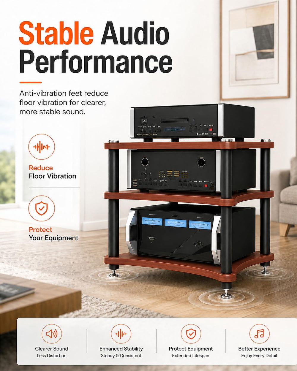 Heavy Duty 3-Tier AV Media Stand, 264 lb Load Capacity, Teak
