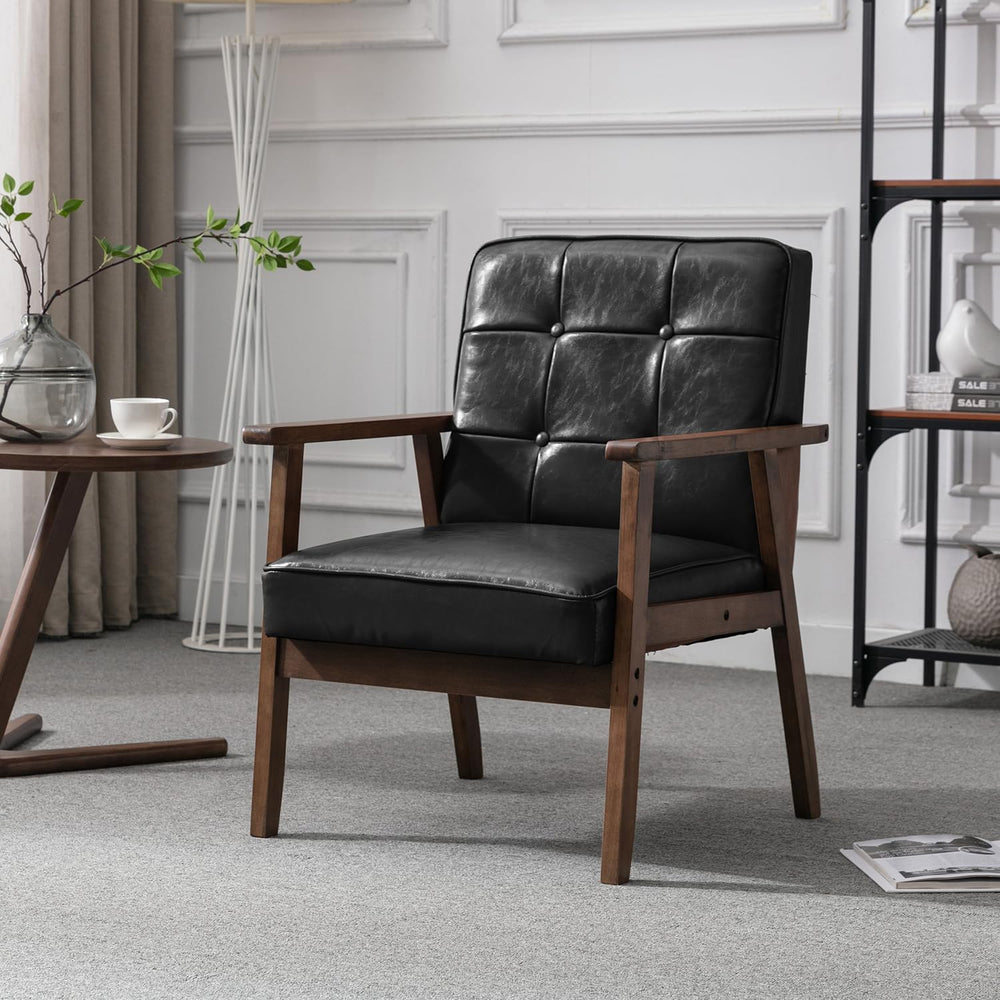 Okeysen Mid Century Modern Accent Chair, Retro Wood and Leather Armchairs Sid...