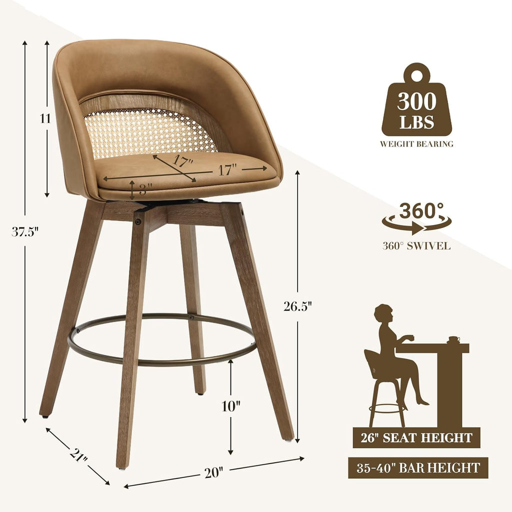 CIMOTA Swivel Counter Stools Set of 2, 26" Rattan Bar Stools, Brown