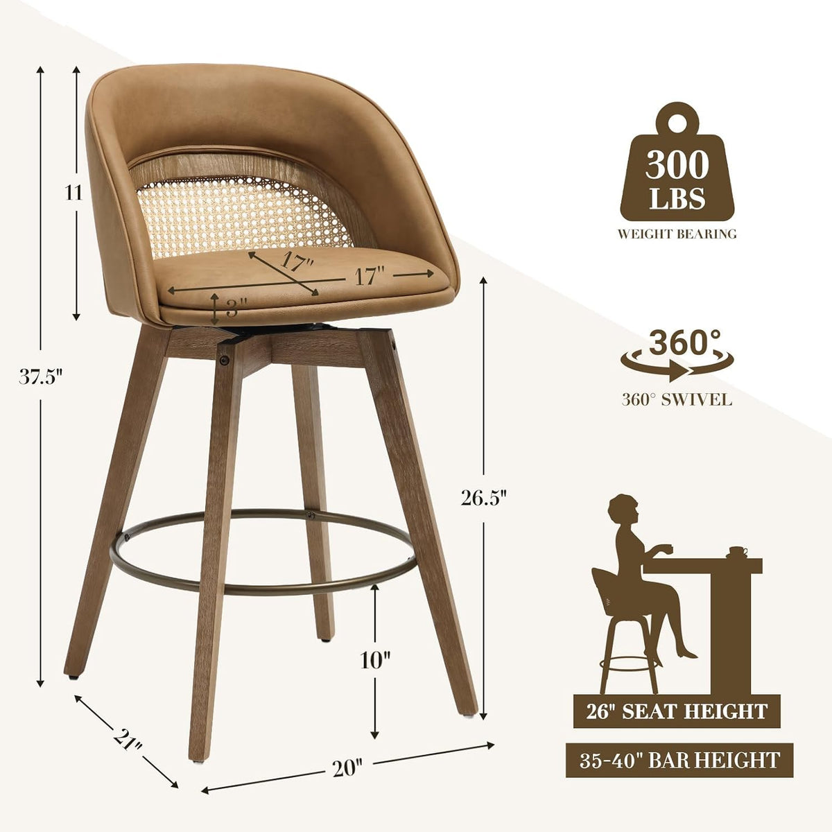 CIMOTA Swivel Counter Stools Set of 2, 26" Rattan Bar Stools, Brown