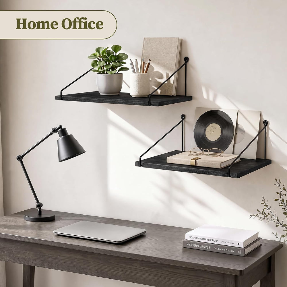 Afuly 12 inch Deep Floating Shelves for Wall, Black Wide Shelf, Solid Wood