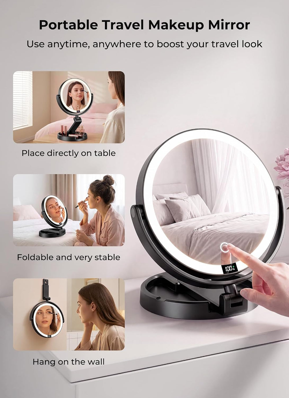 Lighted Travel Makeup Mirror,1X/10X Magnification,3 Light Modes,Black