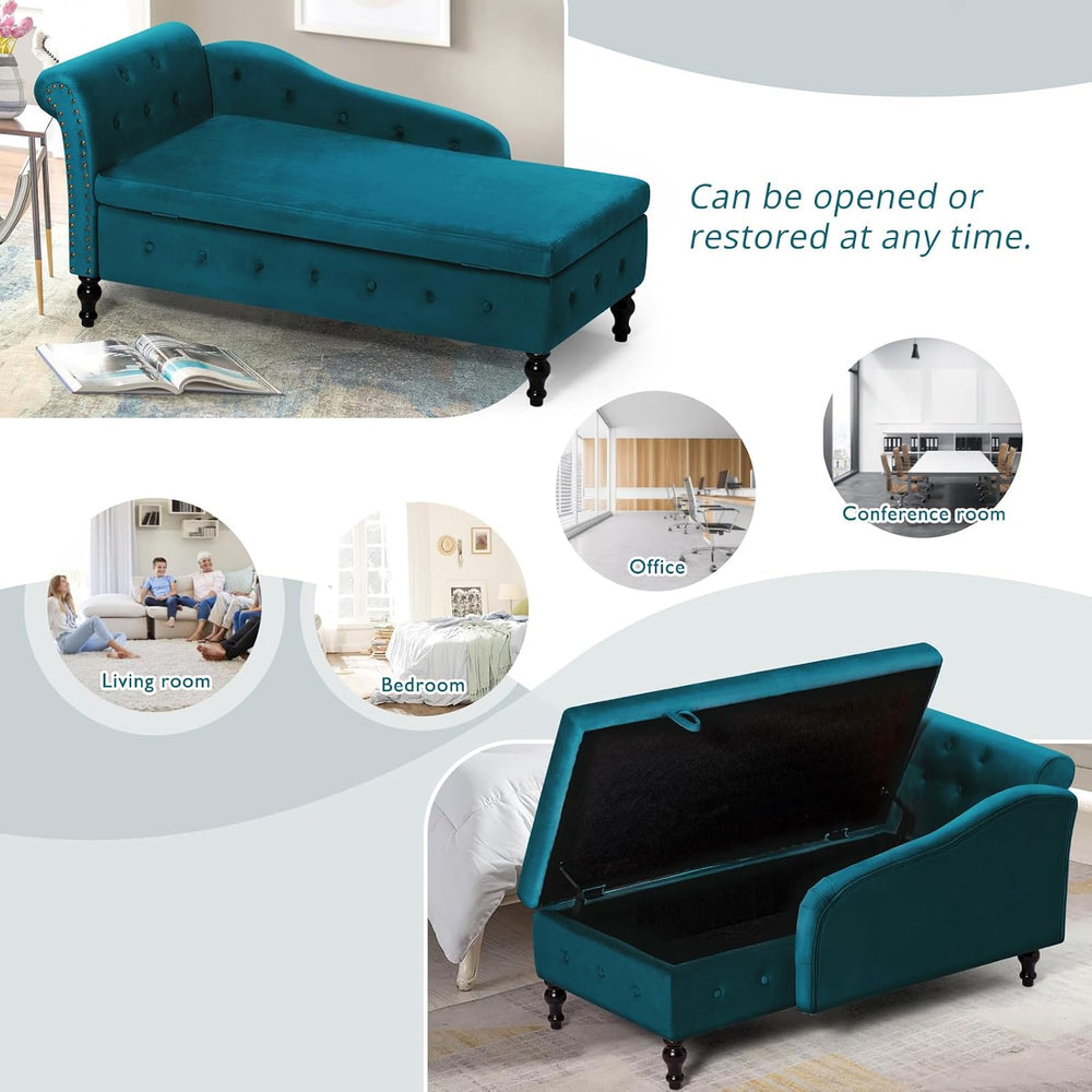 Velvet Chaise Lounge w/Left Armrest & Storage Space, Teal