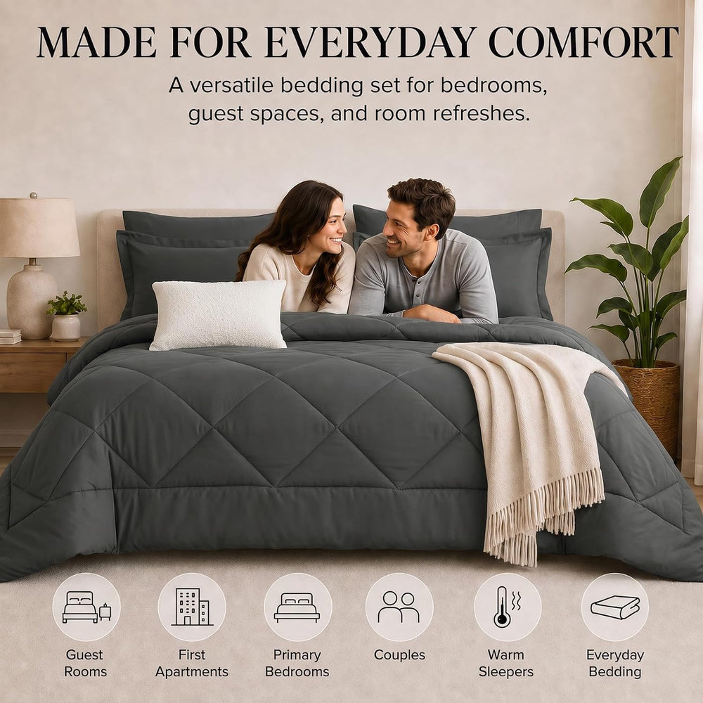 CozyLux Queen Comforter Set 88"x88" Dark Grey - 7 Piece Bed in a Bag