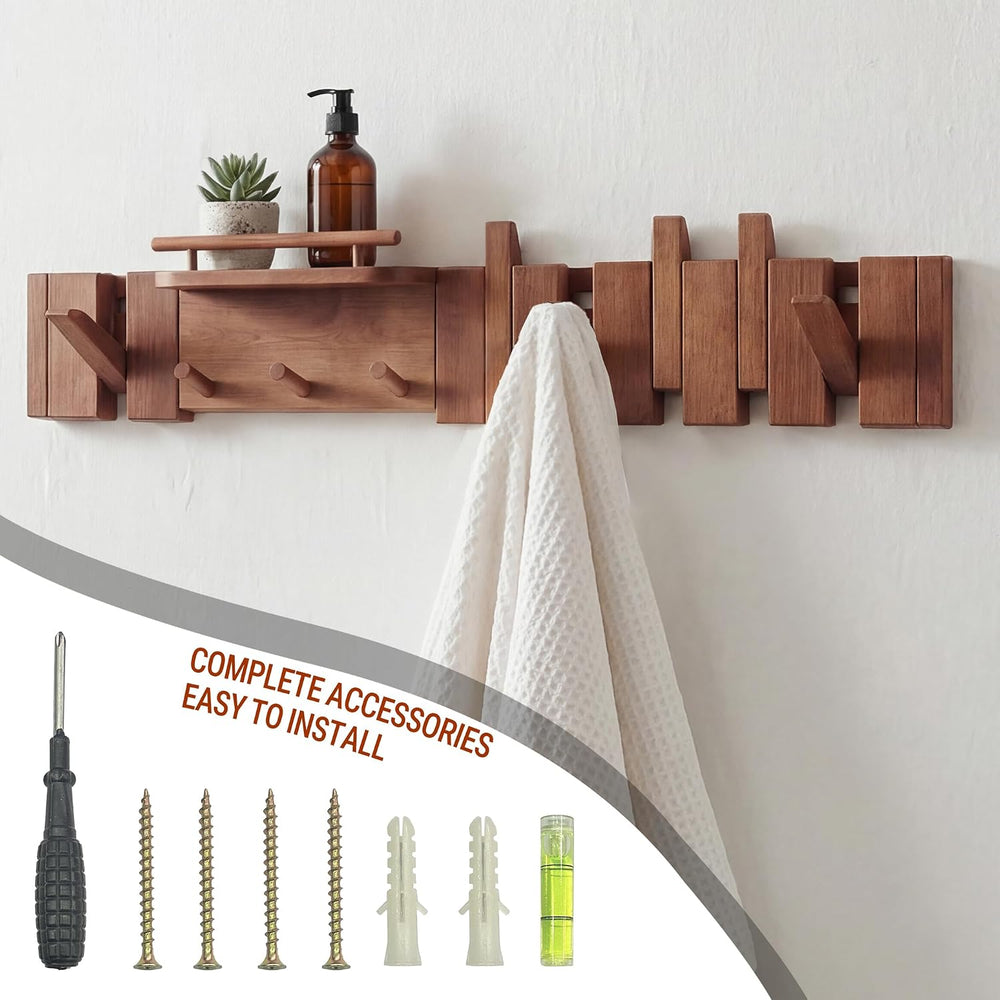 Mid Century Modern Wood Coat Rack Wall Mount with Shelf, 9 Hooks, Walnut