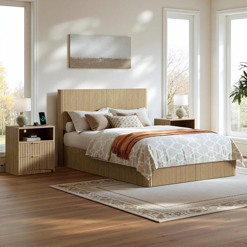 Evermagin Queen Bedroom Set, Storage Bed Frame & Charging Nightstands, Oak