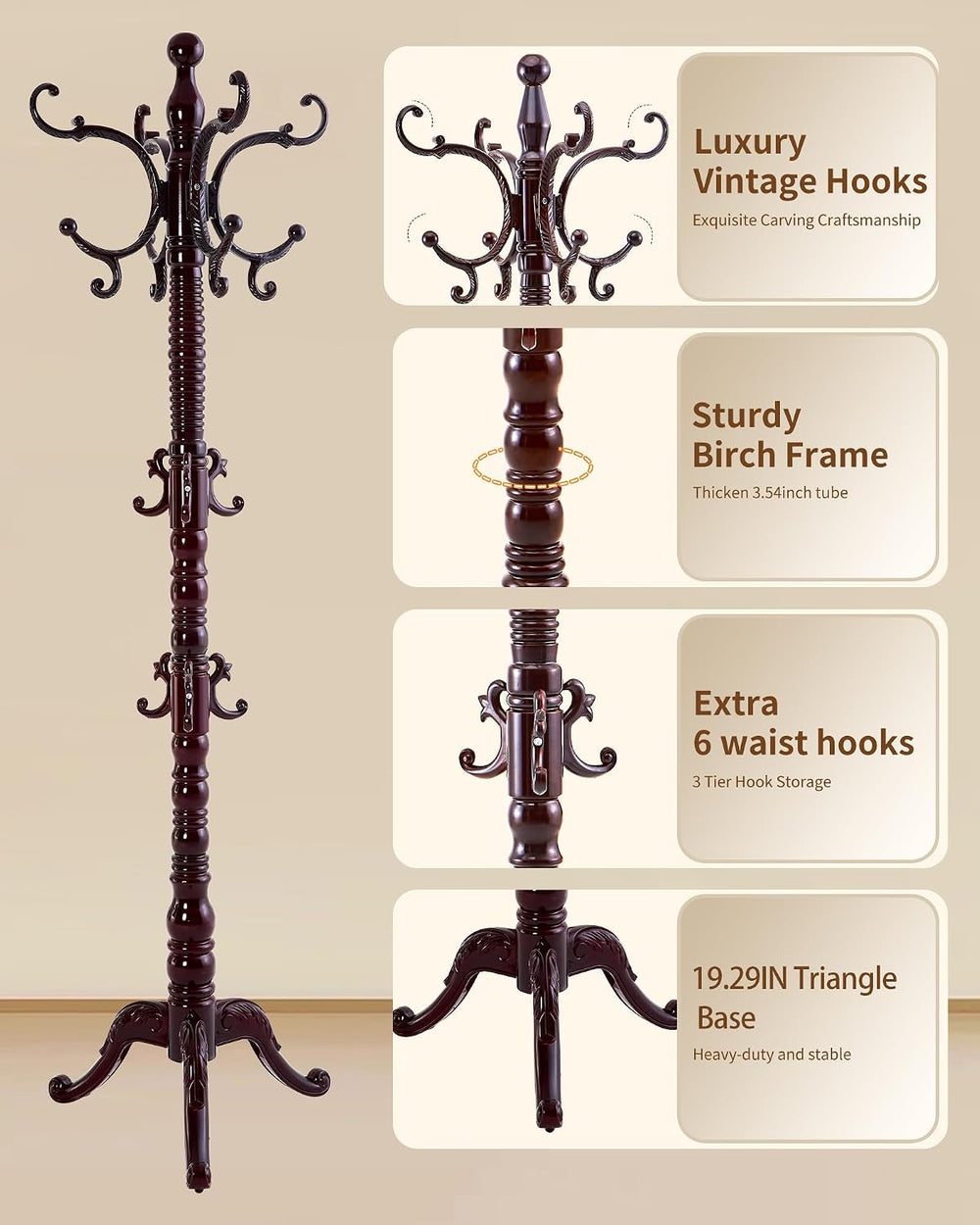 EZIVIEZ Coat Rack Vintage Solid Wood Coat Rack Freestanding with 14 Hooks