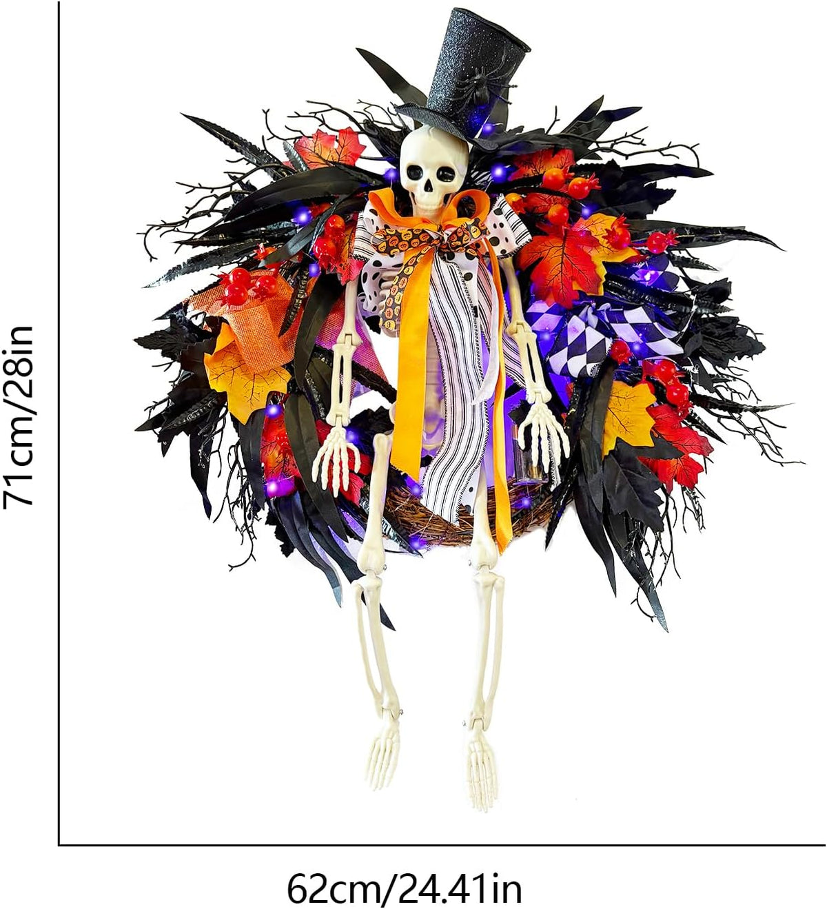 HipTree 28 Inch Halloween Skeleton Wreath for Front Door with Lights