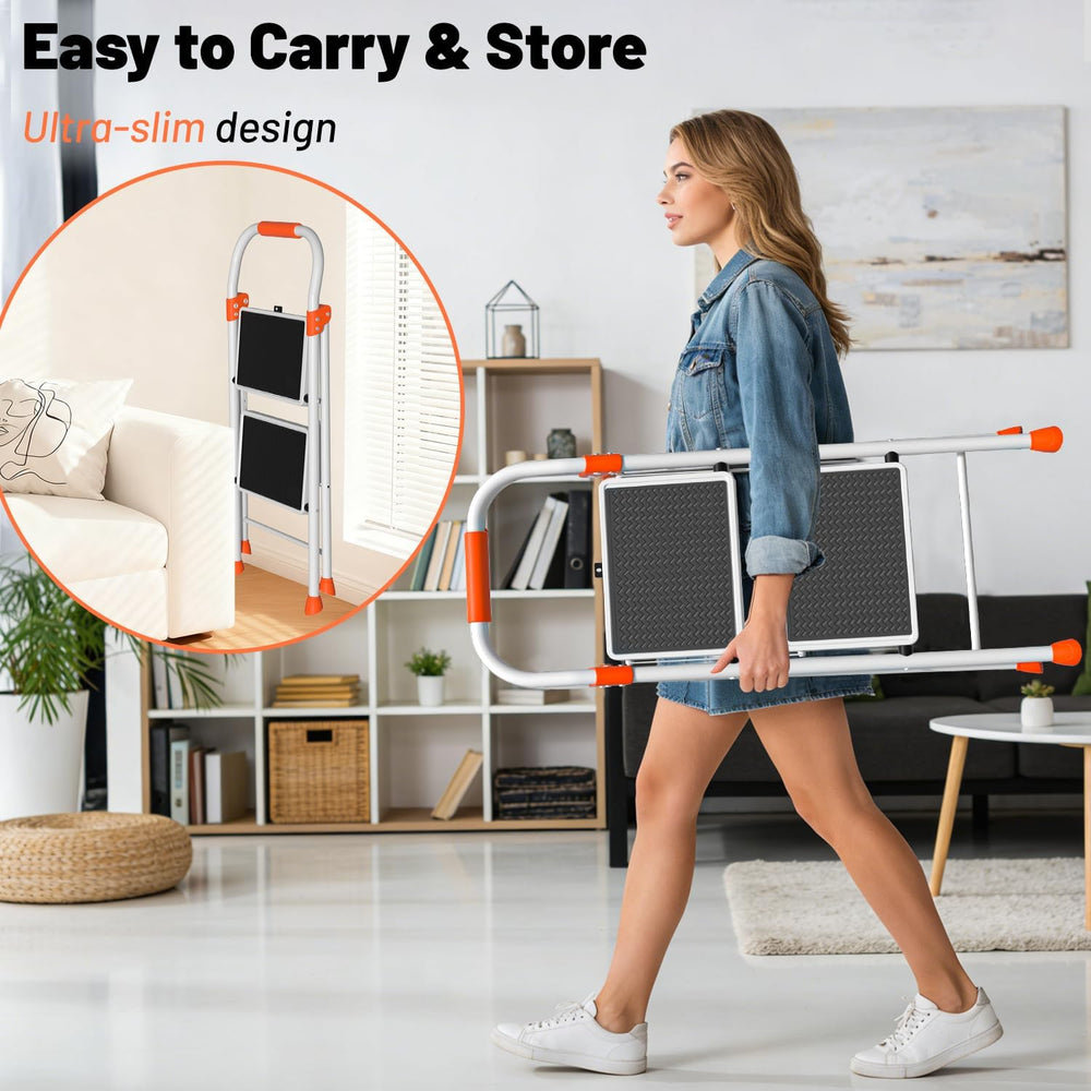 2 Step Ladder, Heavy Duty Step Stool with Orange Cushioned Handle