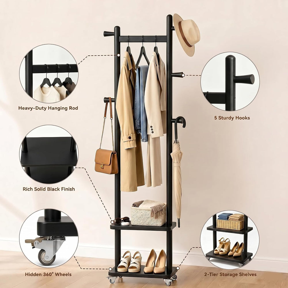 Taitiy Small Clothes Rack Solid Wood Coat Rack Freestanding with Wheels