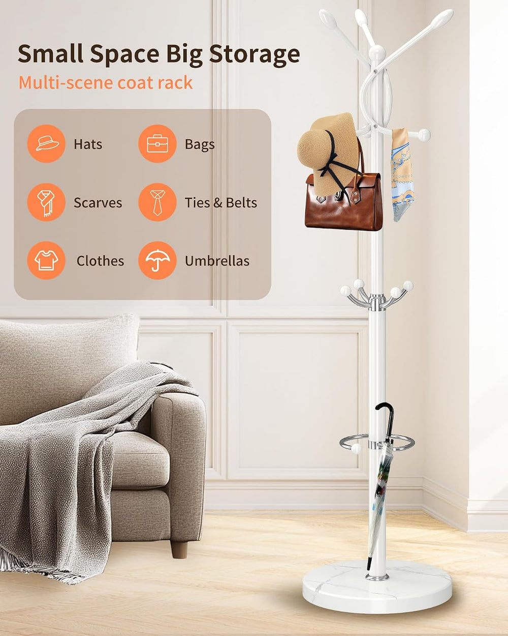 ZOZOE Coat Rack Stand with 10 Hooks Marble Base & Umbrella Holder