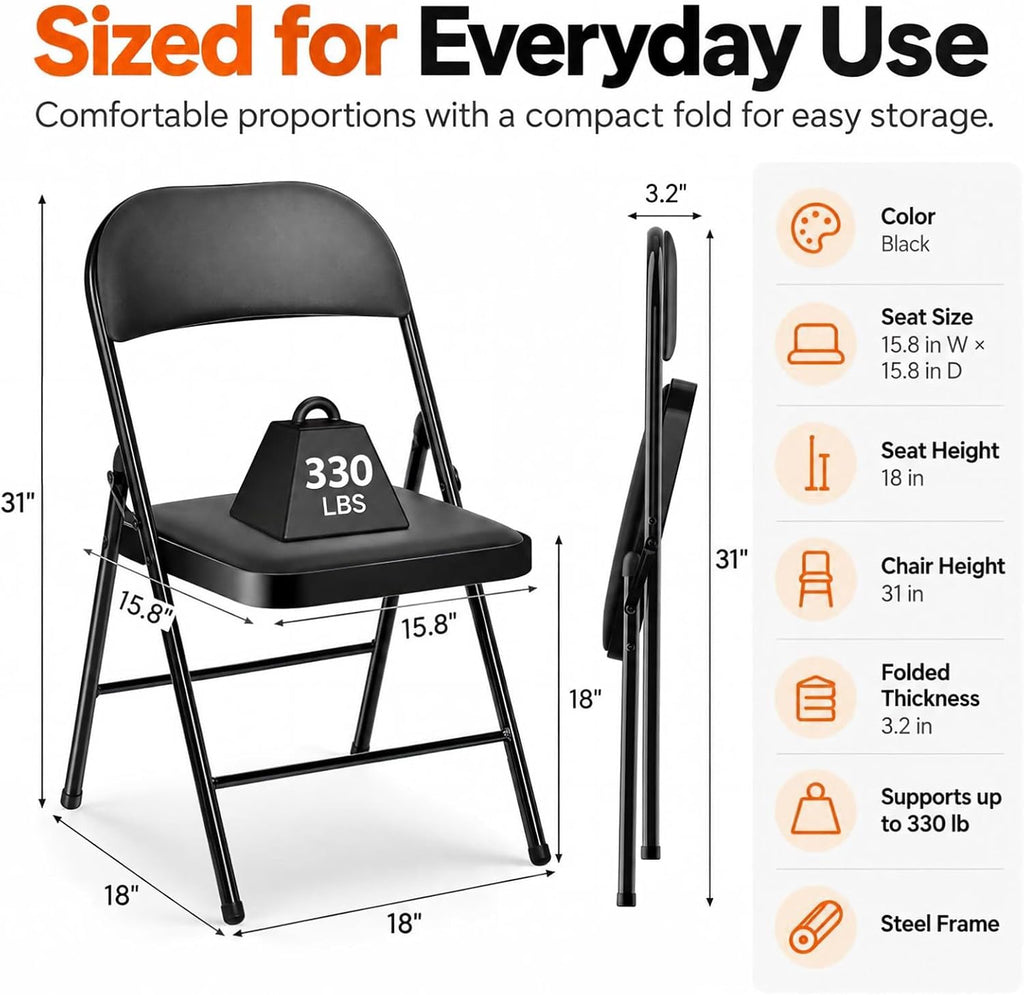 Fenbeli Padded Folding Chair, Black PU Leather, 1 Pack for Guest Seating