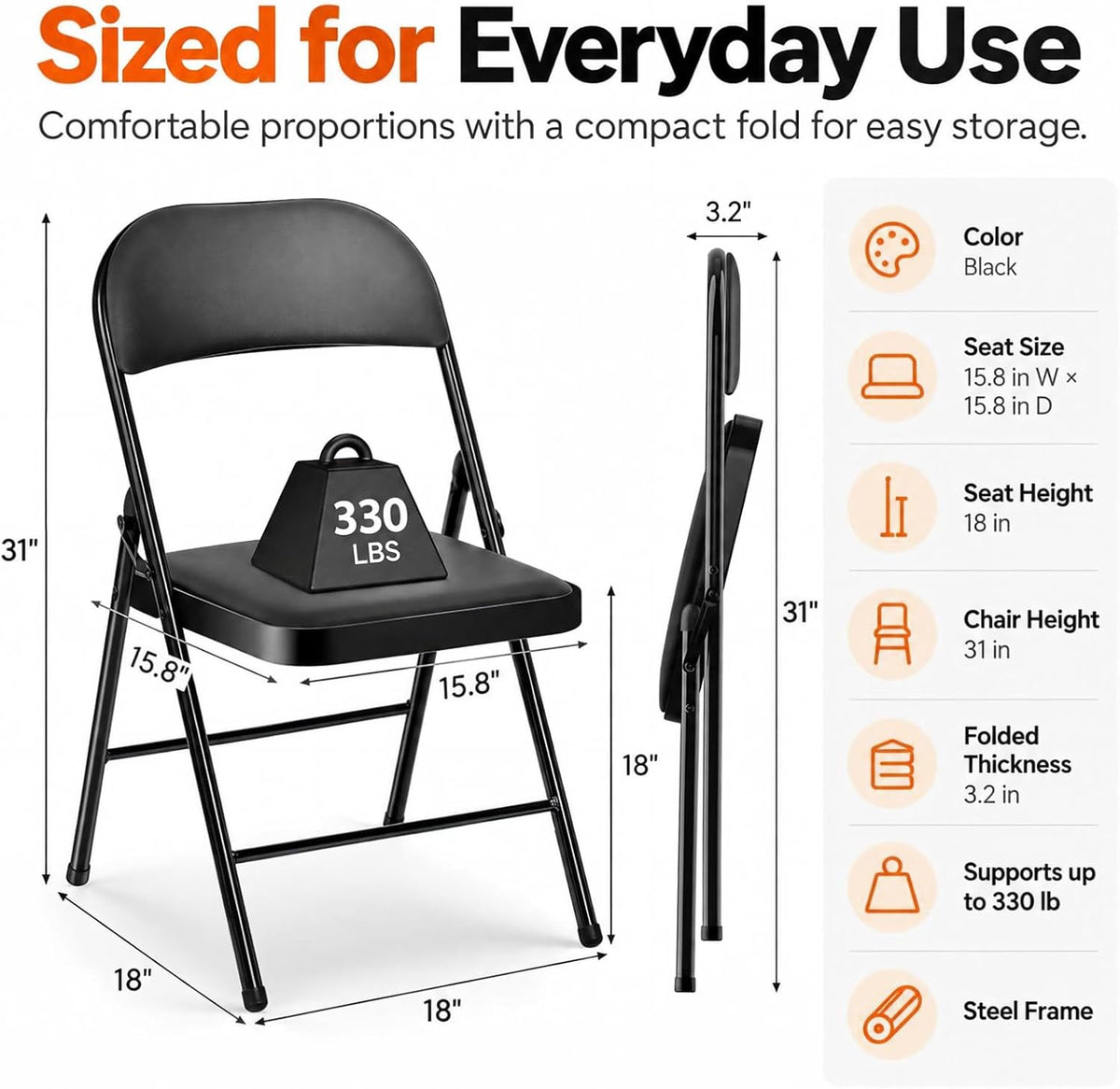 Fenbeli Padded Folding Chair, Black PU Leather, 1 Pack for Guest Seating